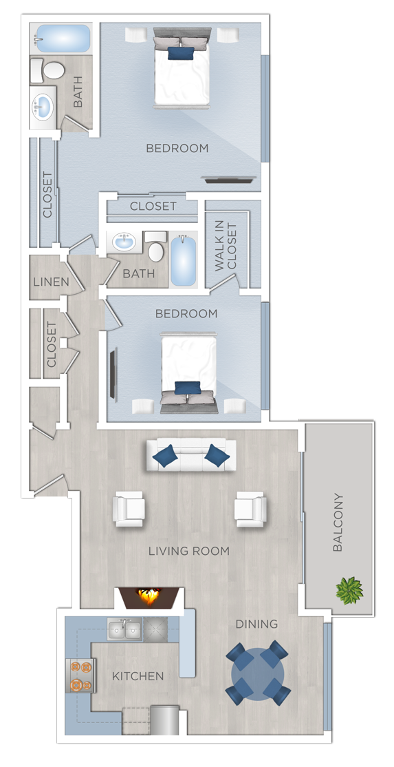 Floor plan for 2 beds, 2 baths, 1290 sqft